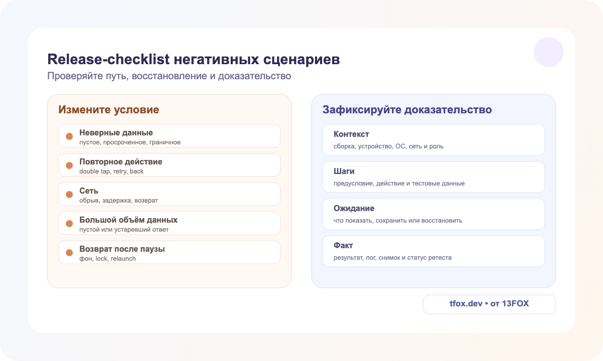 Чек-лист негативных сценариев и доказательств перед релизом мобильного приложения