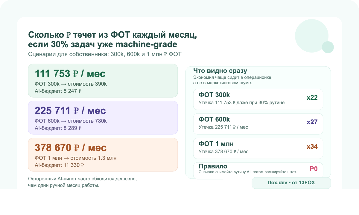 Сценарии экономии при ФОТ 300, 600 тысяч и 1 миллион рублей в месяц