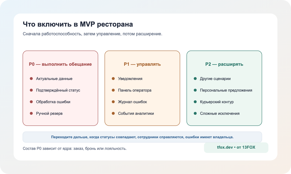 Приоритеты P0, P1 и P2 для мобильного приложения ресторана