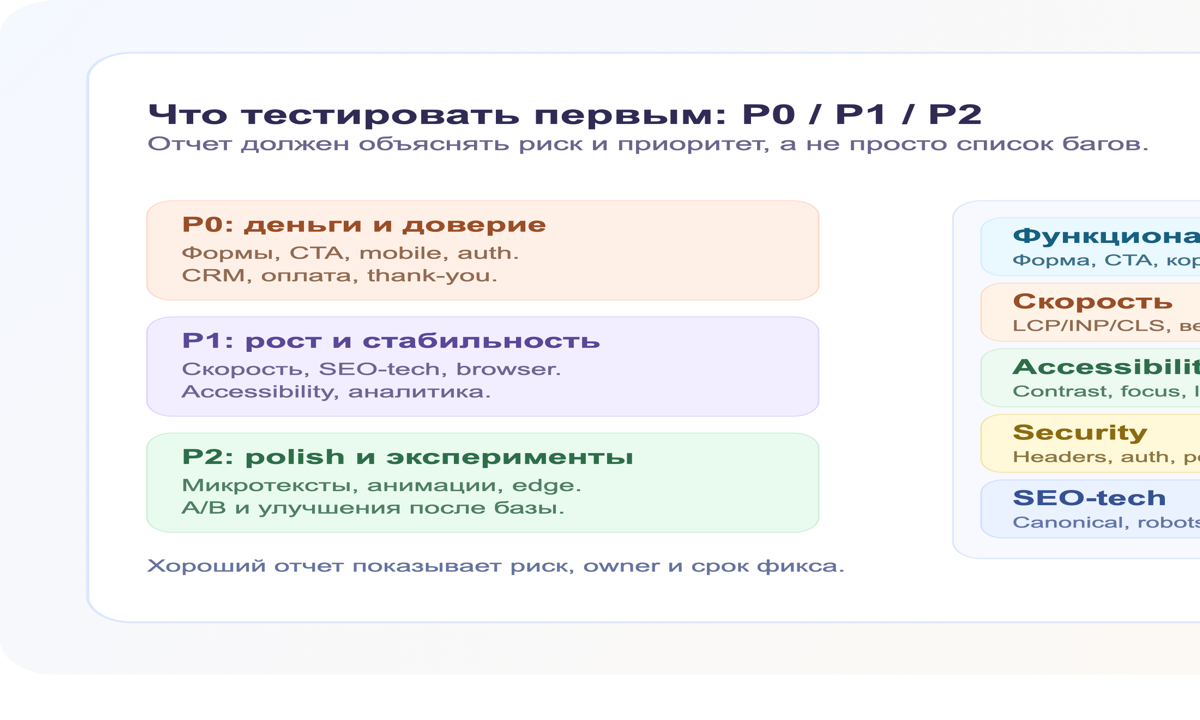 Матрица приоритетов P0 P1 P2 для тестирования сайта: функциональность, скорость, accessibility, security и SEO-tech