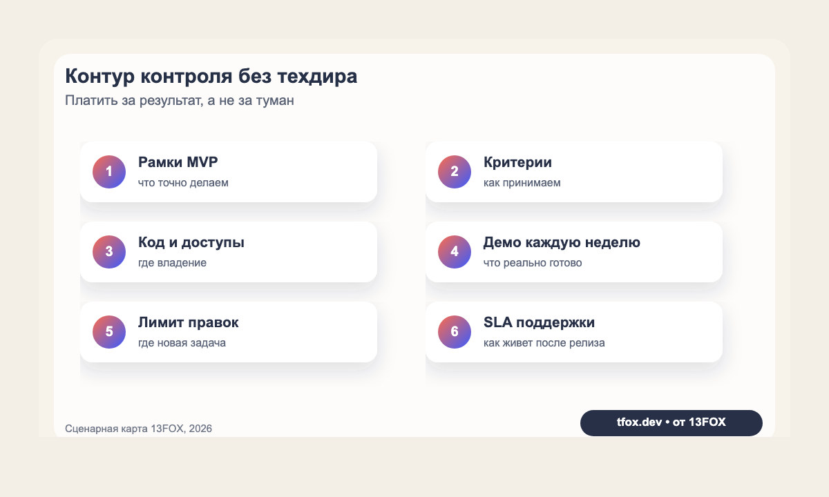 Дорожная карта контроля разработки: рамки MVP, критерии приемки, доступ к коду, демо, лимит правок и SLA