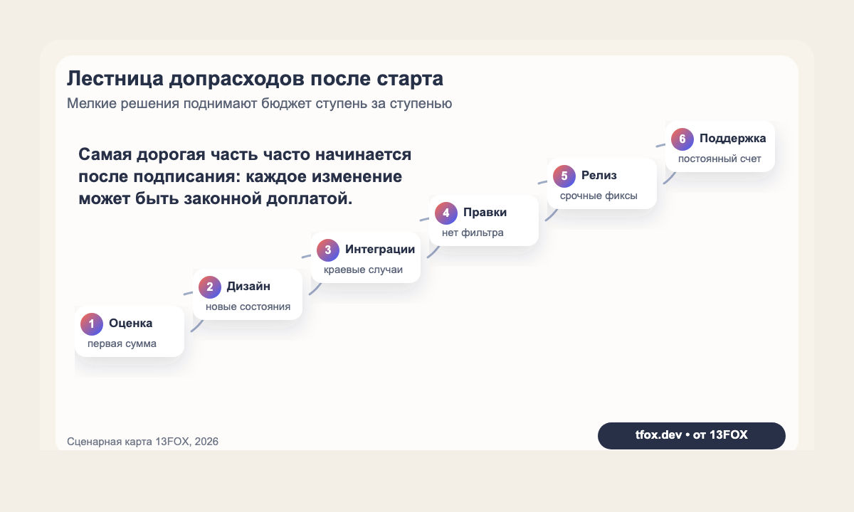 Лестница роста бюджета после старта проекта: оценка, дизайн, интеграции, правки, релиз и поддержка