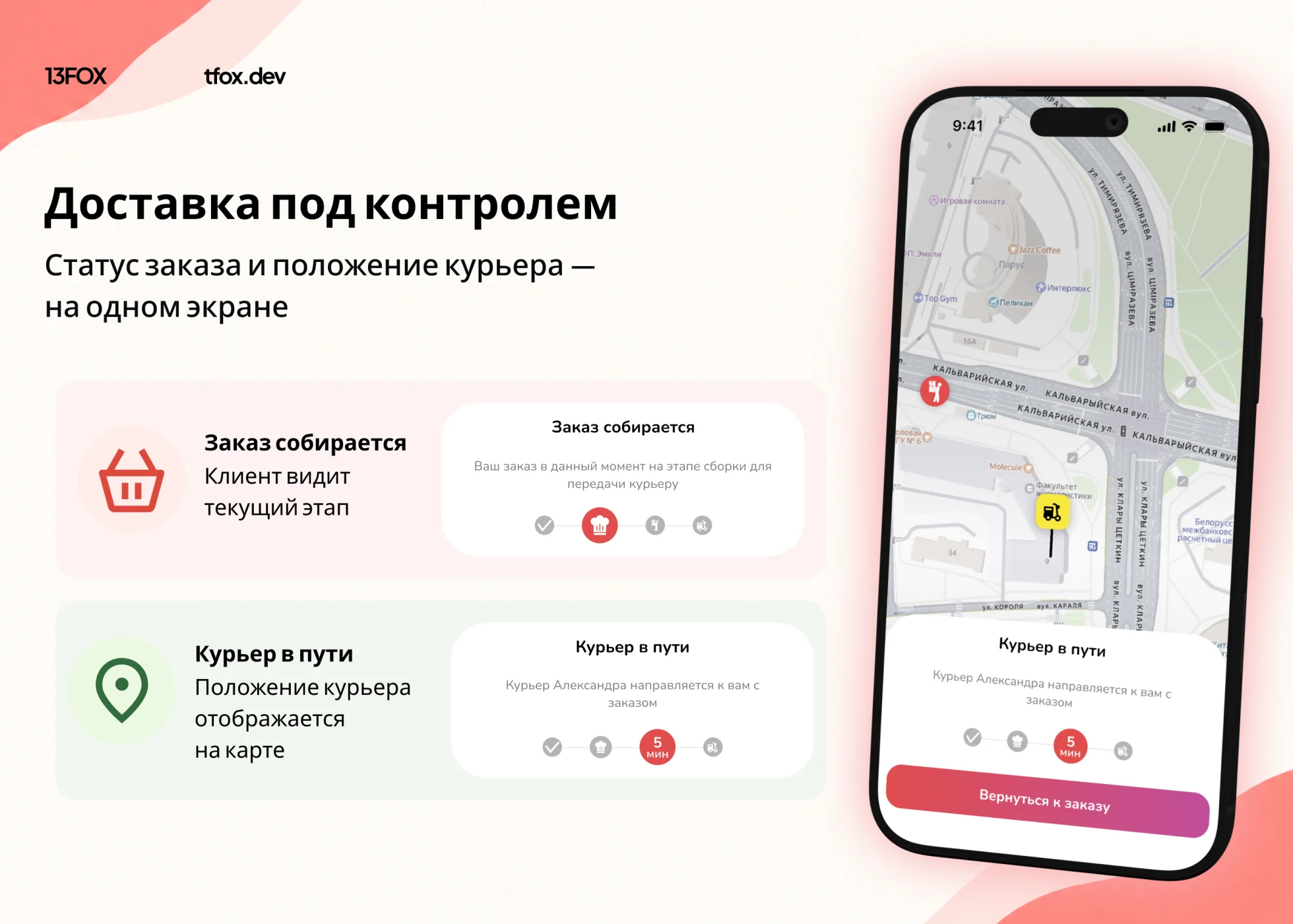 Бакаев: статус заказа и курьер на карте
