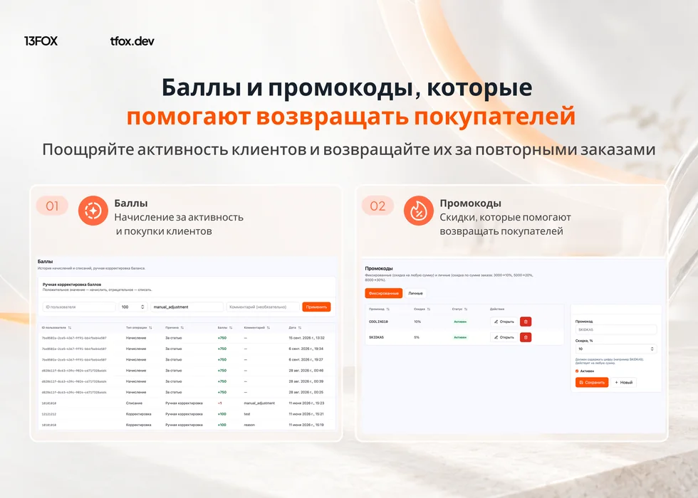 Настоящий экран Frost Mining: управление баллами и промокодами в админ-панели